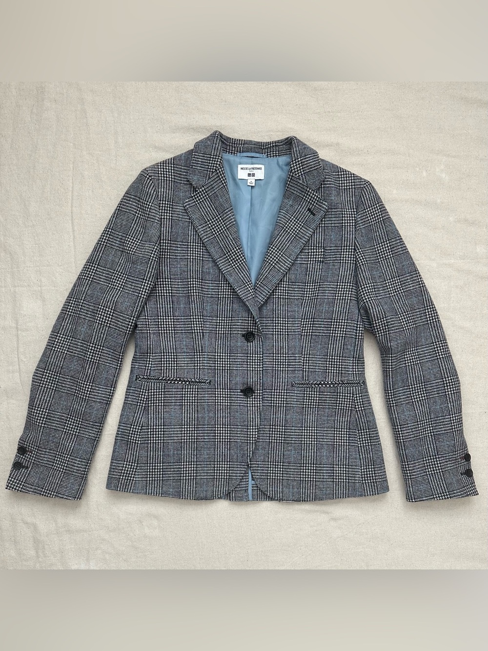 Ines De La Fressange x UNIQLO Wool Blend Glen Plaid Blazer Jacket Blue Accent M - Picture 1 of 12